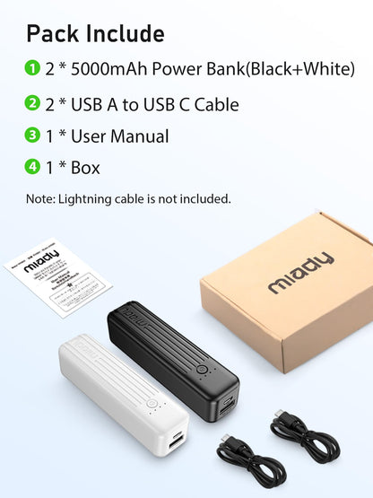 Miady 2-Pack Small Portable Charger, 5000mAh Mini Battery Pack 3.45oz Lightweight Power Bank 5V/2.4A Output & 5V/2A Input Compatible with iPhone, Galaxy, Android etc