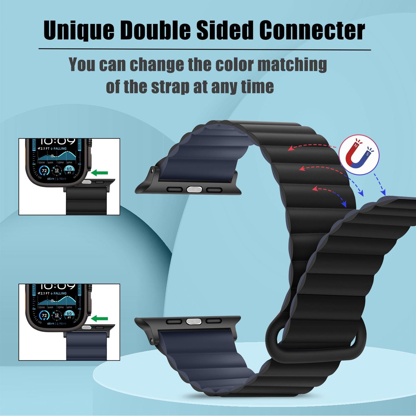 HITZEE Compatible with Apple Watch Strap 49/46/45/44/42/41/40/38mm, Double Sided Wearable Magnetic Band Compatible for iWatch Ultra 3/2/1 Series 11 10 9 8 7 SE3 6 5-1 (42/44/45/46/49, Dark Blue-B)
