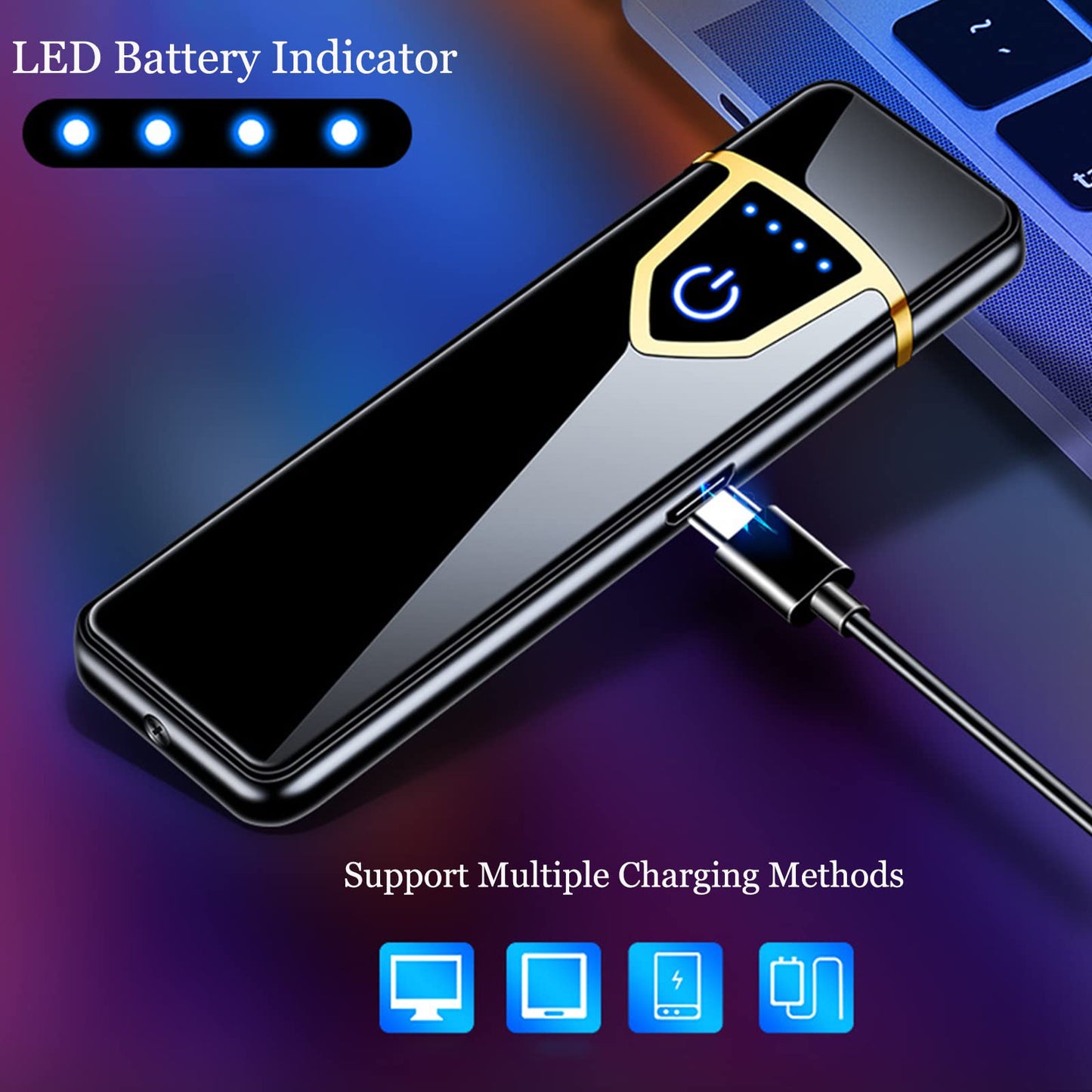 Electronic Lighter, Electric USB Lighter Windproof Rechargeable Slim Coil Lighter with Smart Fingerprint Sensor Double Side Ignition,Creative Power Indicator Flameless Boyfriends Gifts(Gold)