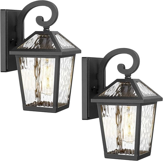 Outdoor Lights Fixtures Wall Mount, Outdoor Wall Lantern with Water Ripple Glass, Waterproof Outside Exterior Wall Sconce Lights Fixture for House, Front Porch, Patio, Matte Black, 2Packs