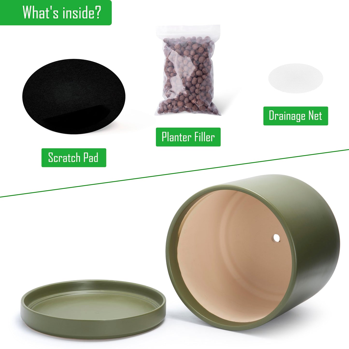 D'vine Dev 14 Inch Ceramic Planter Pot with Drainage Hole and Saucer, Indoor Cylinder Round Planter Pot, Olive, 94-O-G-J