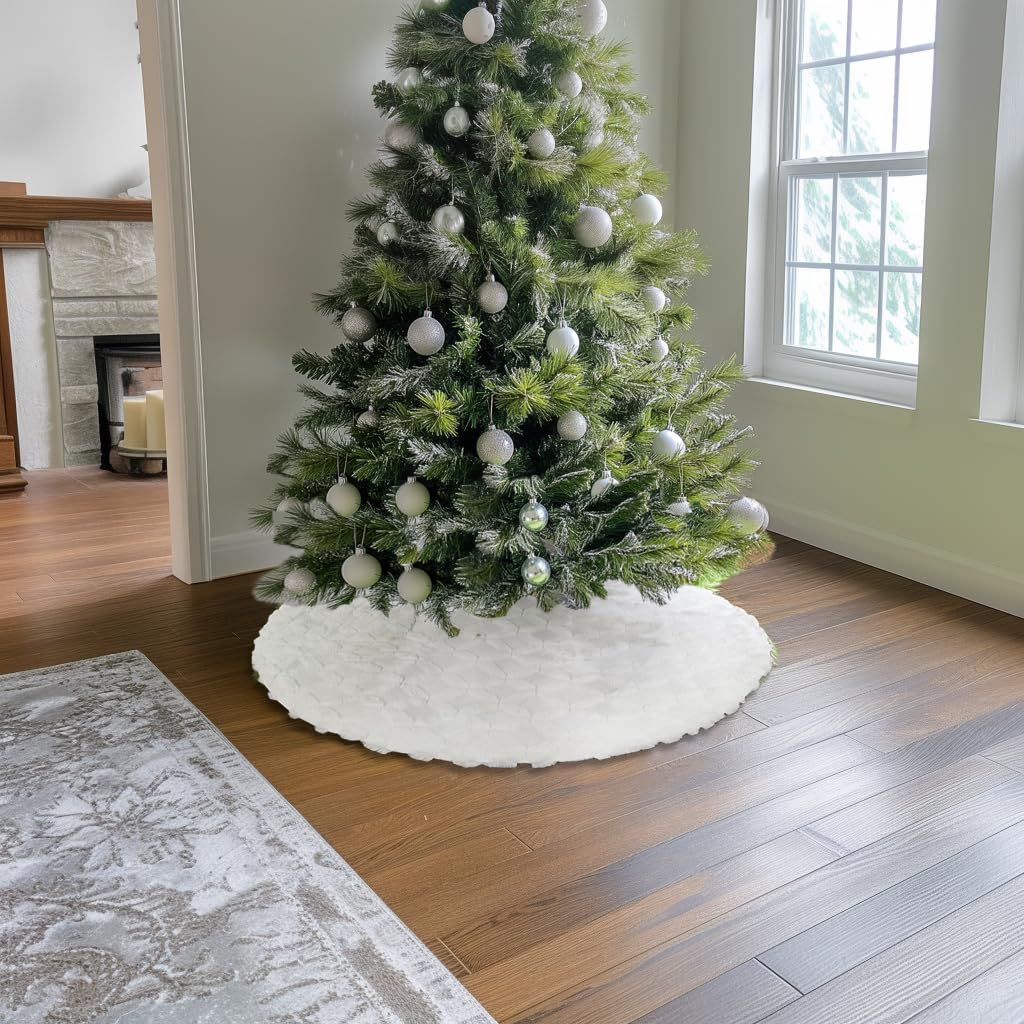 AISENO 48 Inch Christmas Tree Skirt Faux Fur with Cable Knit Knitted Thick Decoration for Merry Christmas Decorations