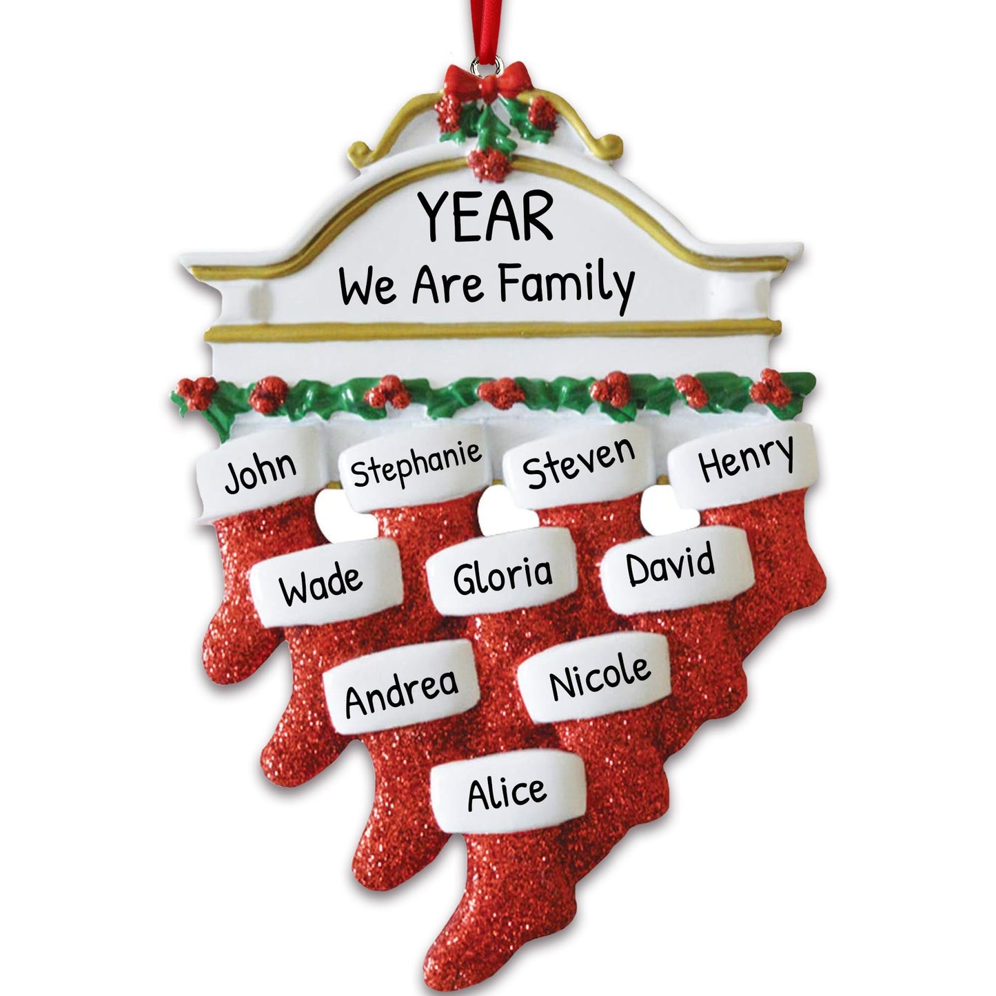 3D Fireplace Mantle Family of 10 Christmas Ornament 2025 Personalized Family Christmas Ornaments 2025 | Holiday Garland Personalized Tree Ornaments Customizable Gifts of Red Stockings of Ten Ornament