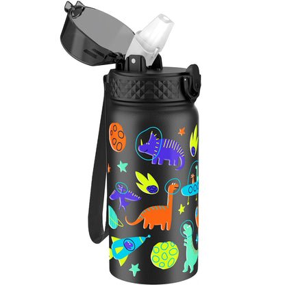 GOPPUS Kids Water Bottle (Straw Lid) - 14 Oz Stainless Steel Travel Bottle, Double Wall Vacuum Leak Proof Kids Cup for School Boys Girls,Space dinosaur