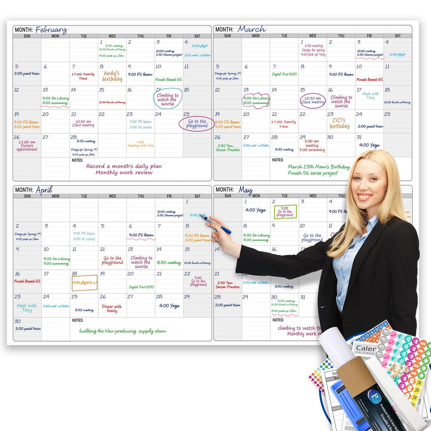Dry Erase Four Month Laminated jumbo Wall Calendar, 46" x 63", Huge quarterly Laminated Erasable White Board, Giant 120 day Family Whiteboard Schedule Planner, Large Multi Month Reusable Poster