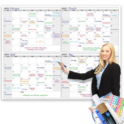 Dry Erase Four Month Laminated jumbo Wall Calendar, 46" x 63", Huge quarterly Laminated Erasable White Board, Giant 120 day Family Whiteboard Schedule Planner, Large Multi Month Reusable Poster
