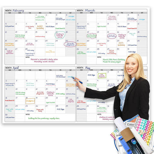 Dry Erase Four Month Laminated jumbo Wall Calendar, 46" x 63", Huge quarterly Laminated Erasable White Board, Giant 120 day Family Whiteboard Schedule Planner, Large Multi Month Reusable Poster