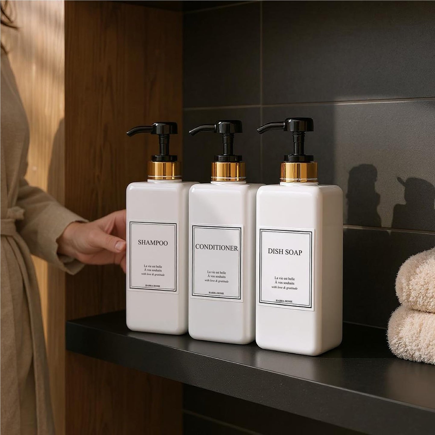 HARRA HOME Modern Gold Design 27 oz Shampoo and Conditioner Dispensers - Plastic Refillable Pump Bottle Set for Bathroom Shower Soap Dispenser, Set of 3 (Black)