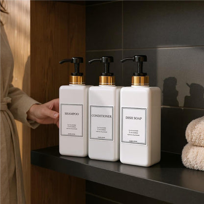 HARRA HOME Modern Gold Design 27 oz Shampoo and Conditioner Dispensers - Plastic Refillable Pump Bottle Set for Bathroom Shower Soap Dispenser, Set of 3 (Black)