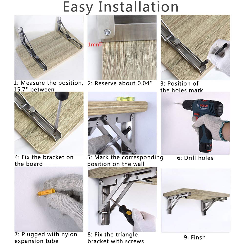 Folding Shelf Brackets, Max Load 300 lb, Heavy Duty Stainless Steel Collapsible Wall Mounted Shelf Brackets for Table, Space Saving DIY Bracket, Pack of 2 (2, Foldable 12")