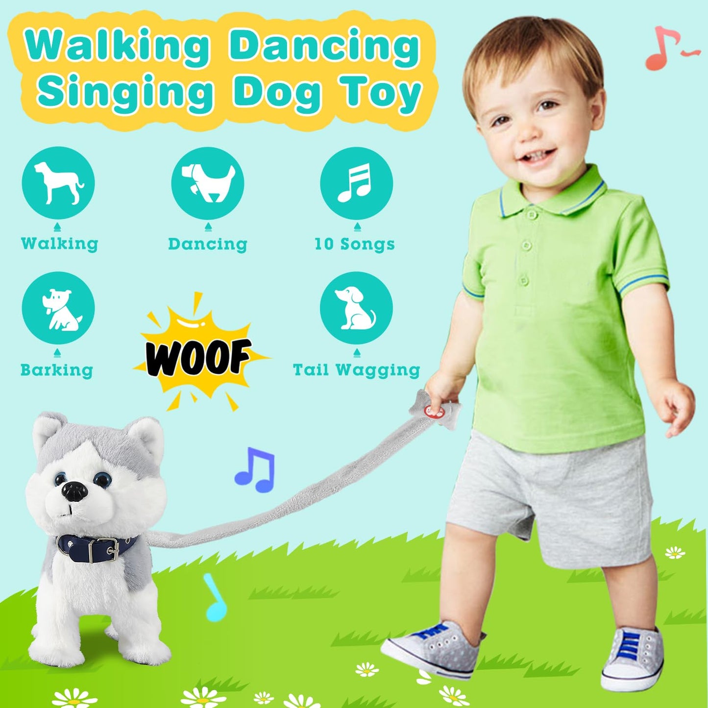 Marsjoy Husky Walking and Barking Puppy Dog Toy with Control Leash,Realistic Wagging Tail Robot Interactive Musical Dancing Animated Plush Stuffed Animal Electronic Pet for Kids Toddlers