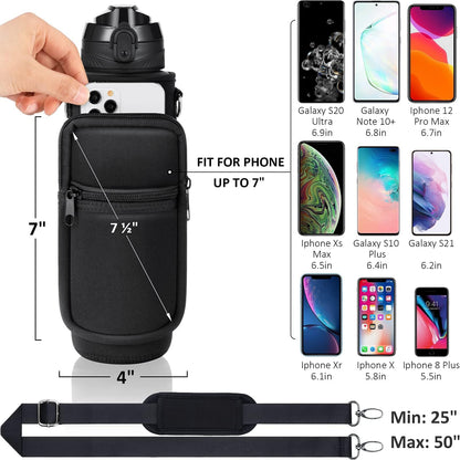 Fimibuke 32 oz Water Bottle with Sleeve - BPA Free Leakproof Sport Large 1L Plastic Motivational Water Bottle with Straw & Strap & Insulated Neoprene Holder Carrier Bag for Women Men(A1.Black)