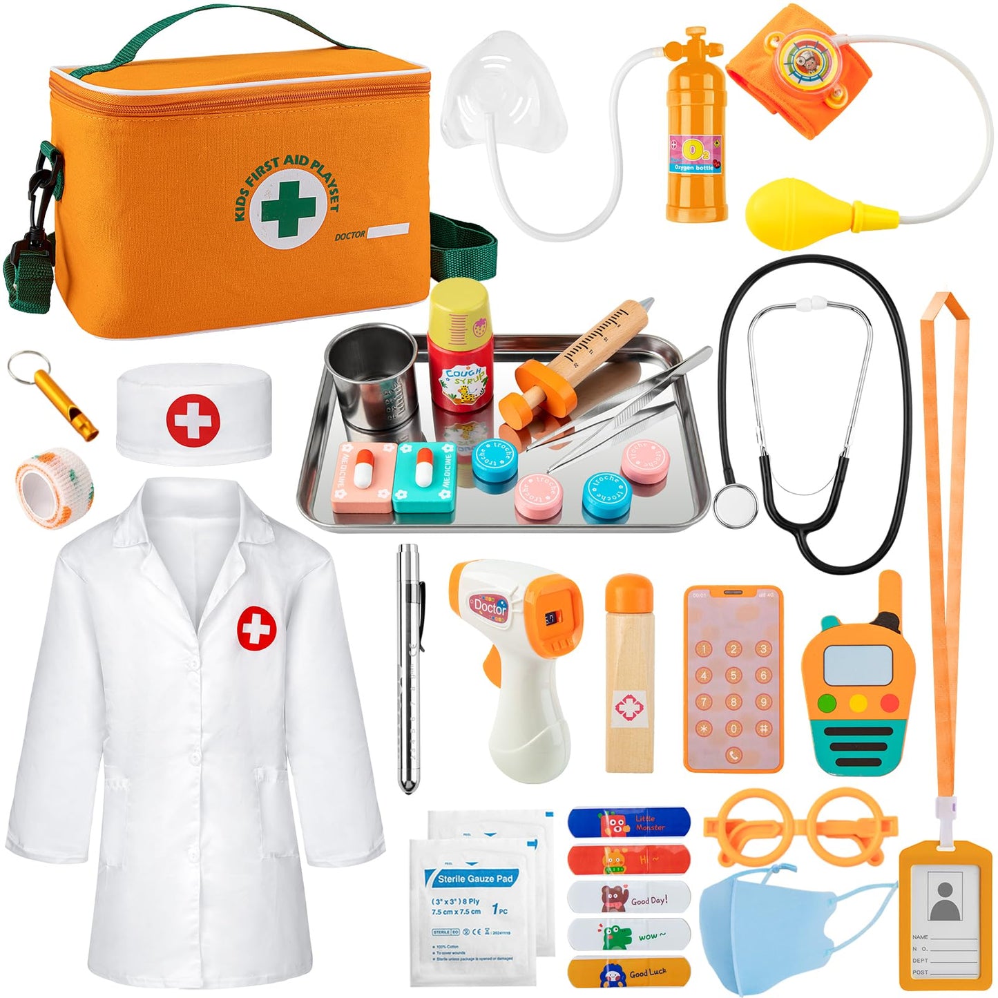 EFO SHM Doctors Set for Kids, Wooden 34-piece Kids Doctors Kit, with Real Stethoscope Portable Doctors Bag and Wooden Syringe, Role Play Toys for 3 4 5 6 Year Old Girls and Boys
