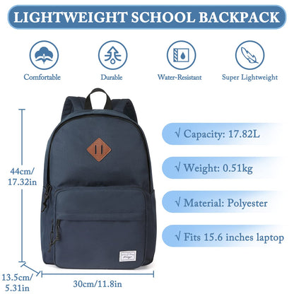 Kasgo School Backpack, 15.6 Inch Classic Lightweight Water-Resistant Rucksack Backpack for Men Women Teens Girls Boys Kids to School, College, Travel, Work, Sapphire Blue