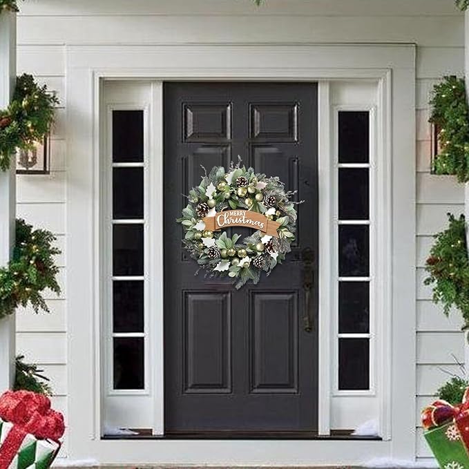 Christmas Wreath for Front Door 24" Green Leaf Wreath for Window Home Porch Farmhouse Garden Indoor Outdoor Decor with Ribbon Bow Flash Ball for All Season