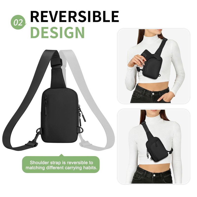 SUIKIHUM Mini Sling Bag for Men Women, Crossbody Fanny Packs Fits for 6.3" Phone, Reversible Nylon Chest Bag for Travel Running Hiking (Black)