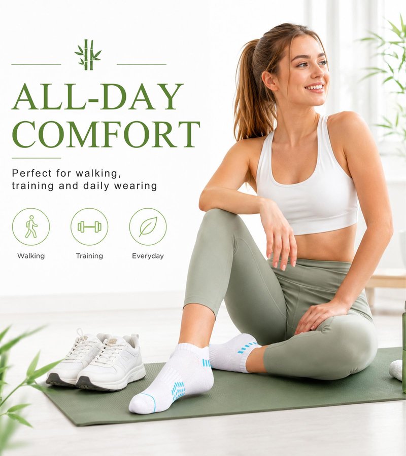 floconssy Ankle Socks for Women, Bamboo Viscose White Cushioned Running Socks Low Cut Athletic Short Footies with Heel Tab 5 Pairs Size 10-12