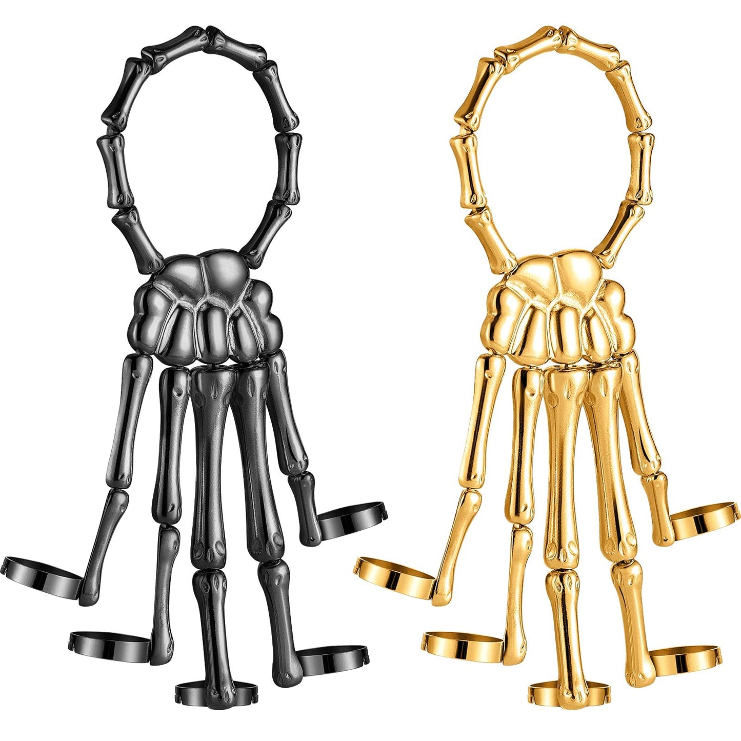 Hicarer 2 Pcs Skeleton Hand Bracelet with Finger Ring Metal Steampunk Skull Gothic Skull Bracelet Adjustable Skeleton Hand Jewelry Finger Wristband for Men Women Halloween Cosplay