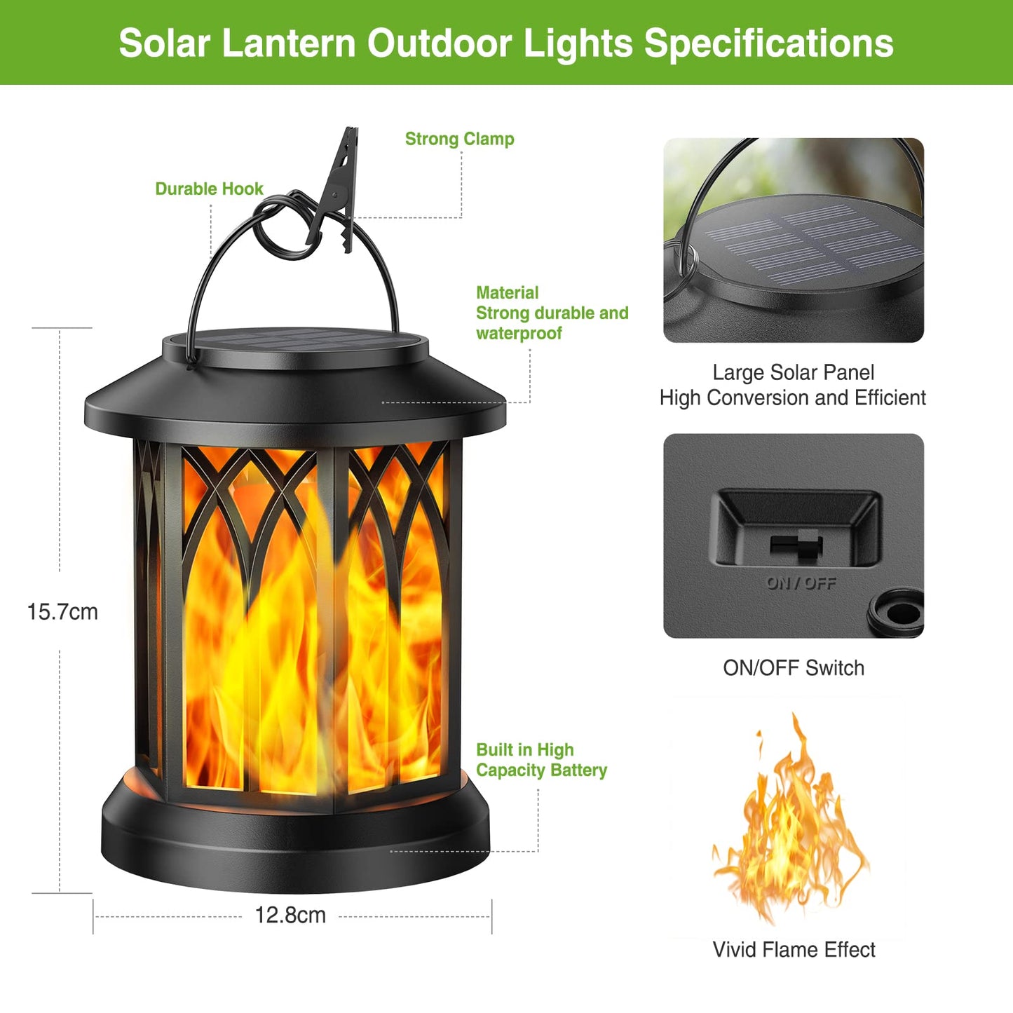 KOOPER Solar Lights Outdoor Garden, 2 Pack Hanging Solar Lanterns with Realistic Flickering Flame LED, Waterproof Flame Effect Garden Ornaments for Pathway Patio Decoration