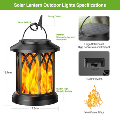 KOOPER Solar Lights Outdoor Garden, 2 Pack Hanging Solar Lanterns with Realistic Flickering Flame LED, Waterproof Flame Effect Garden Ornaments for Pathway Patio Decoration