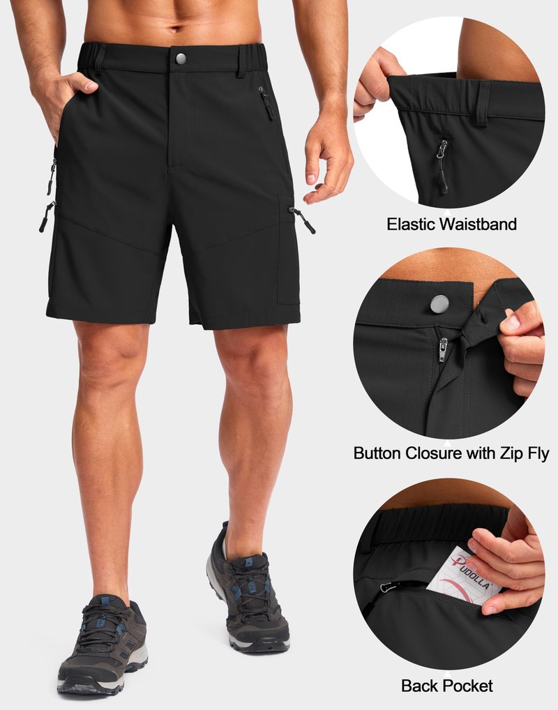 Pudolla Men's Hiking Cargo Shorts Lightweight 7" Travel Casual Shorts for Men Golf Work Outdoor with 5 Zipper Pockets(Black 3X-Large)