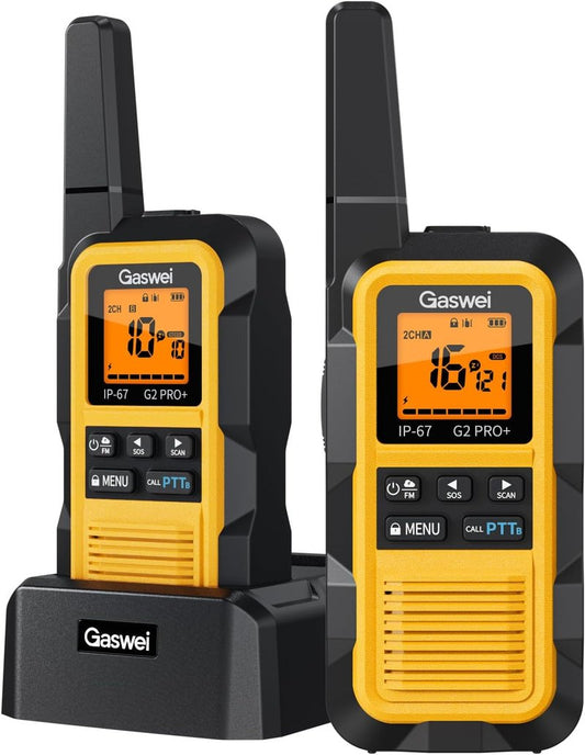 G2pro+ Waterproof Walkie Talkies - Long Range Heavy Duty Two-Way Radios | Rechargeable, FM Radio, SOS, NOAA Weather (2 Pack - Yellow)