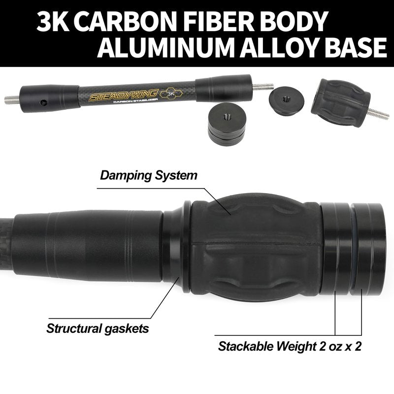 AMEYXGS Archery Bow Stabilizer for Compound Bow, 3K Carbon Fiber 6", 8", 10", 12" Rods, Damping System, Weights Kit, Single Side V-Bar Mount,Quick Disconnect (12″)