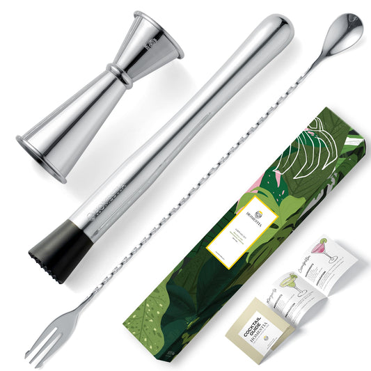 Homestia 3-Pcs Silver Muddler & Mixing Tool Set, 10'' Muddler, 12'' Cocktail Spoon & 1 OZ/2 OZ Double Jigger, Bar Tool Set for Beverages Drinks, Stainless Steel Bar Set Housewarming Gift