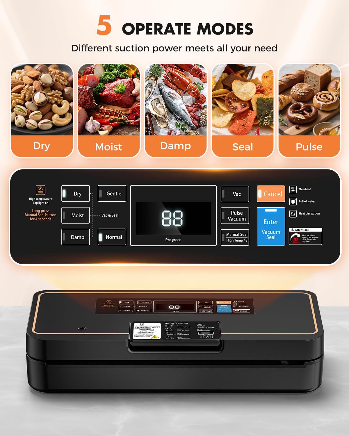 UPRUBE Vacuum Sealer for Food, 95kPa Food Saver Vacuum Sealer Machine, 135W Fast-Sealing by Built-in Bag Storage, Easy Tear Cutter, 9-in-1 Compact Food Vacuum Sealer Machine with 10 ft Bag Roll