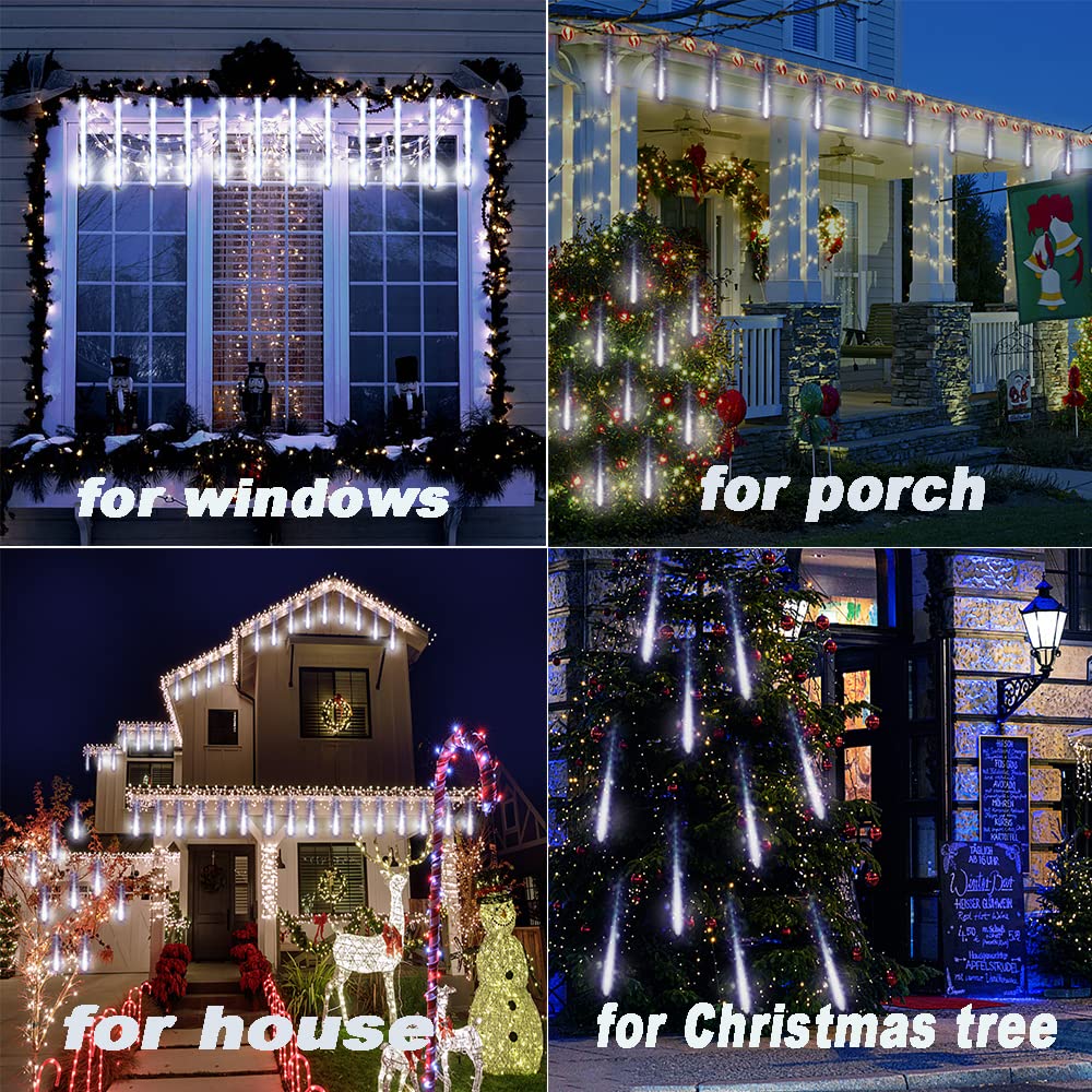 Purtuemy Christmas Lights Outdoor, Meteor Shower Lights 12 inch 8 Tubes LED Snow Falling Icicle for Christmas Decoration Tree Garden Wedding Party Holiday, White