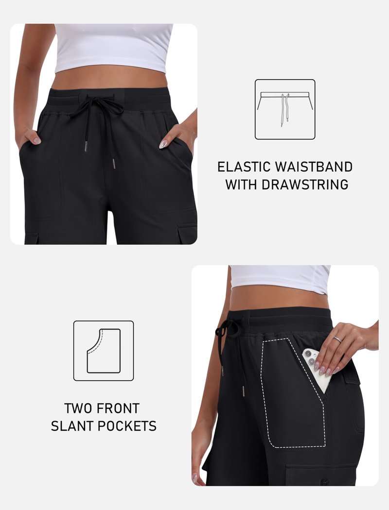 MoFiz Women's Cargo Capris Hiking Pants Lightweight Quick Dry Summer Outdoor Casual Travel Pants with Pockets Black 2XL