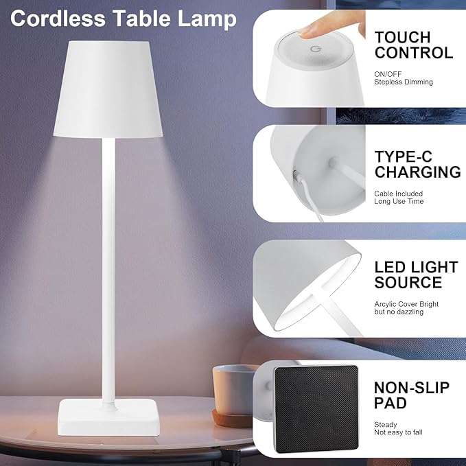 2 Pack Rechargeable Cordless Table Lamps, 5200mAh Battery Touch Table Light, Aluminum Shell Stepless Dimmable Portable LED Desk Lamp for Dinner/Restaurant/Outdoor White