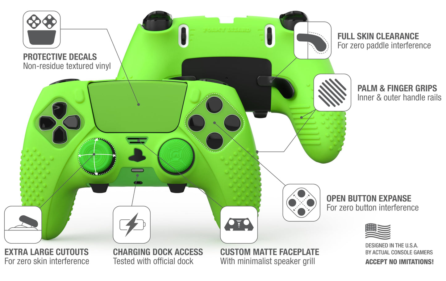 Foamy Lizard Eclipse PS5 Edge Controller Skin Combo Set | Dock Compatible, Protector Decals, Anti-Slip Soft Gel Silicone Cover, Faceplate Shell & Thumb Grips for PlayStation 5 DualSense Edge (Green)