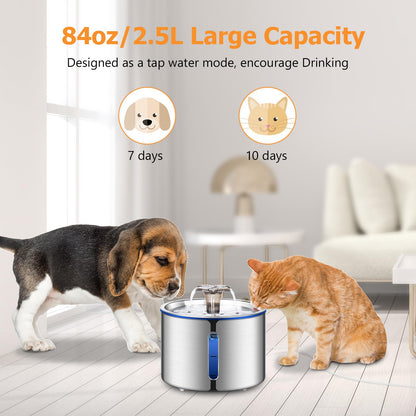 BOORCA Cat Water Fountain, 84oz/2.5L Stainless Steel Pet Water Fountain, Automatic Dog Water Dispenser with Water Level Window, Ultra-Quiet Pump, Perfect for Cats, Dogs and Multiple Pets