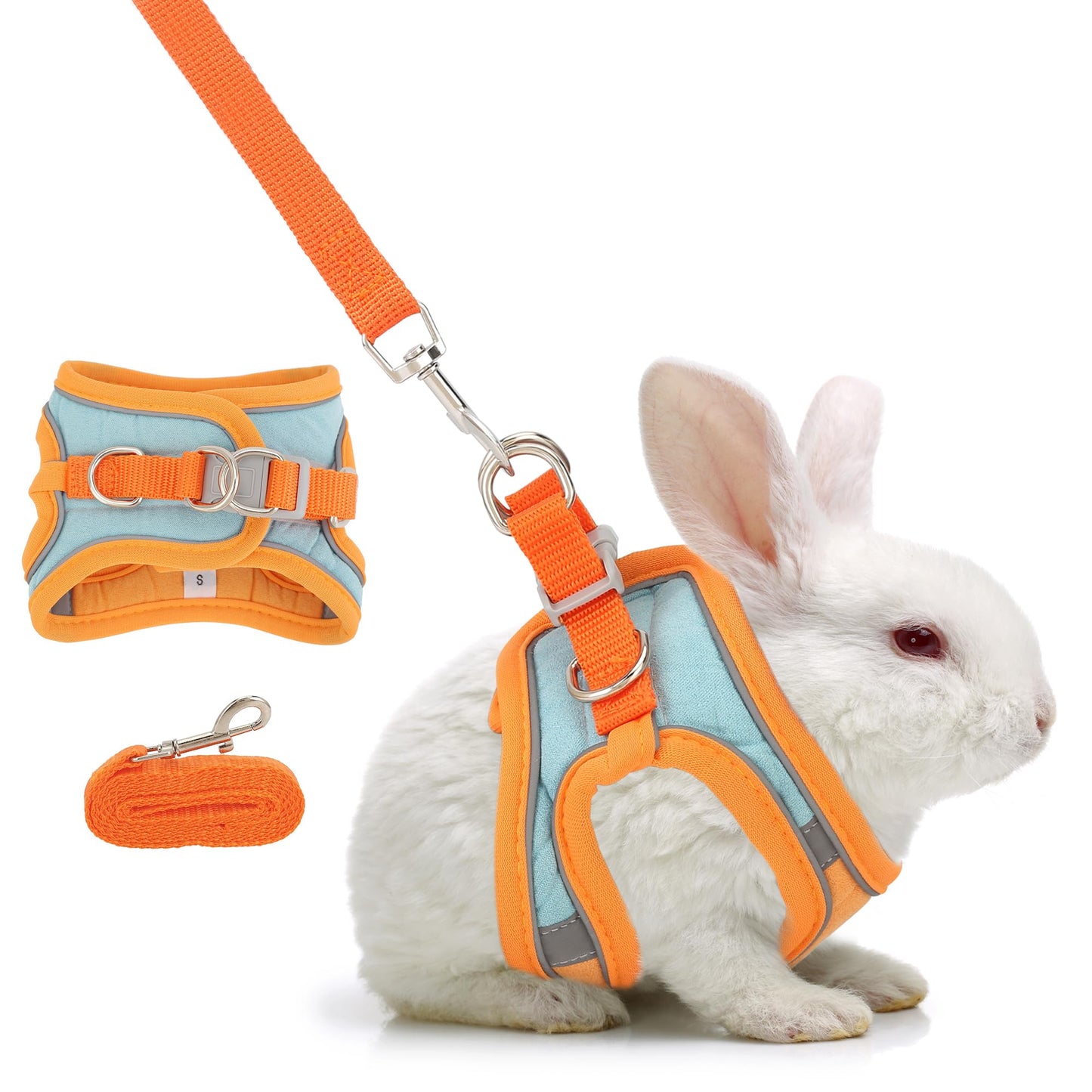 Filhome Adjustable Rabbit Harness and Leash Set Double Buckle with Reflective Strips Soft Bunny Breathable Vest Harness for Kitten Ferret Pig Puppy Small Animal Walking Accessories