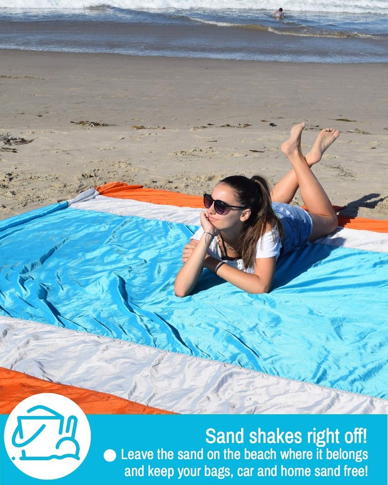 ECCOSOPHY Sandproof Beach Blanket - Oversized Sand Free Beach Mat 9'x10' - Lightweight Outdoor Picnic Blanket Anchored with 4 Corner Sand Pockets & Plastic Stakes - Heat Proof, Quick Drying & Compact