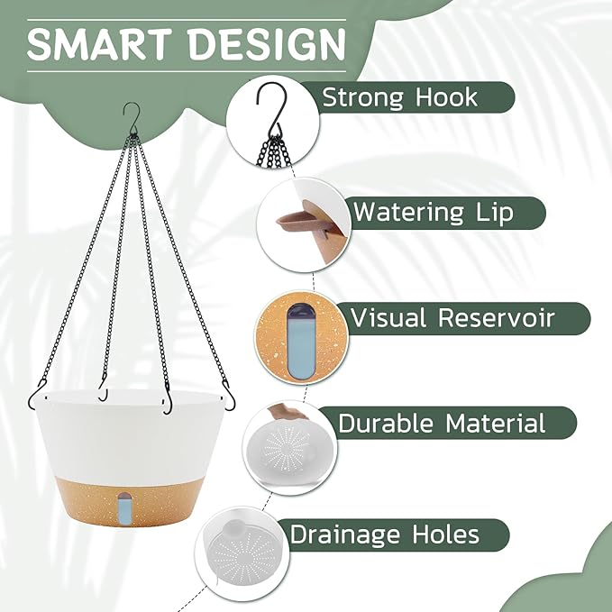 ZMTECH 12 Inch Hanging Planters for Indoor Plants, 3 Pack Self Watering Hanging Planter with Visual Reservoir, Hanging Pots for Plants Outdoor with Drainage Hole and Plant Hanger(3 Pack, White)