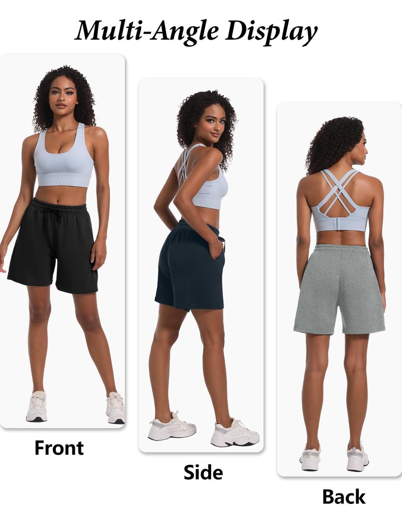 Dalavch 4 Pack Women's Summer Sweat Shorts Cotton Comfy Drawstring Shorts for Casual Lounge Sport Athletic with Pockets 2 Black 1 Pitch Blue 1 Heather Grey Large