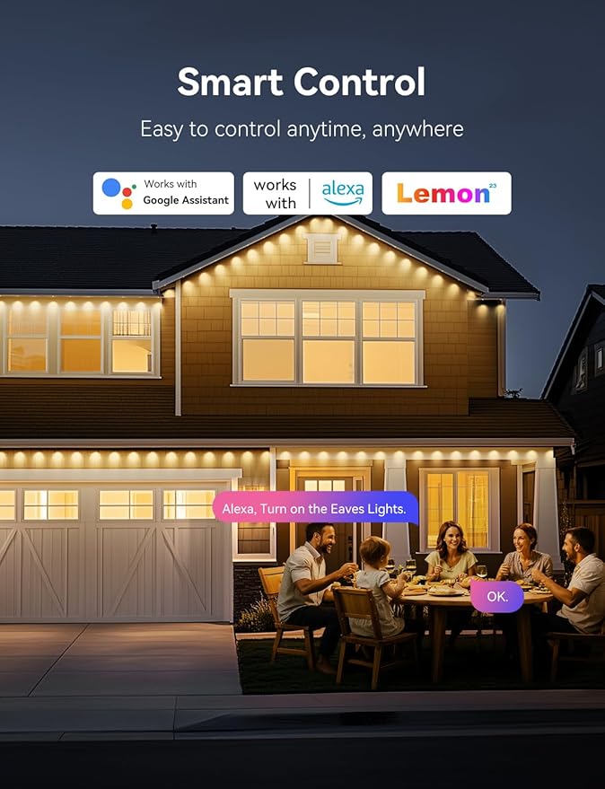 Permanent Outdoor Lights for House, RGB+IC IP67 Waterproof Smart Eave Lights 100ft with 50 LED, Eternity Lighting for Holiday Daily Decor, Work with Remote, APP