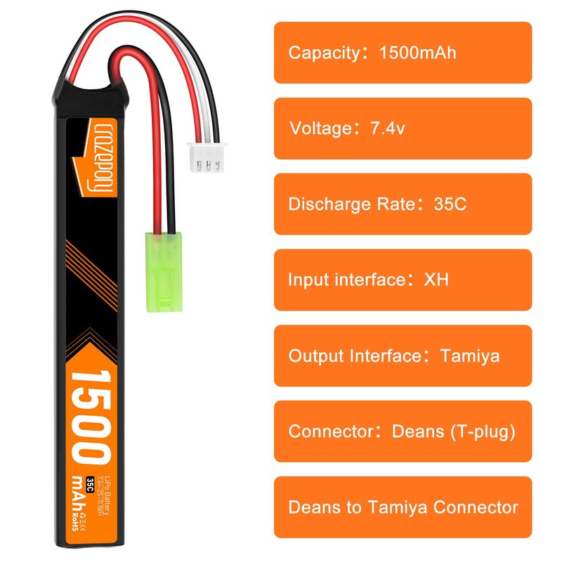 Crazepony 7.4V Rechargeable Airsoft Battery, 2S LiPo Battery 1500mAh 35C High Discharge Rate Lipo Pack with Mini Tamiya Plug for Airsoft Model Guns Rifle