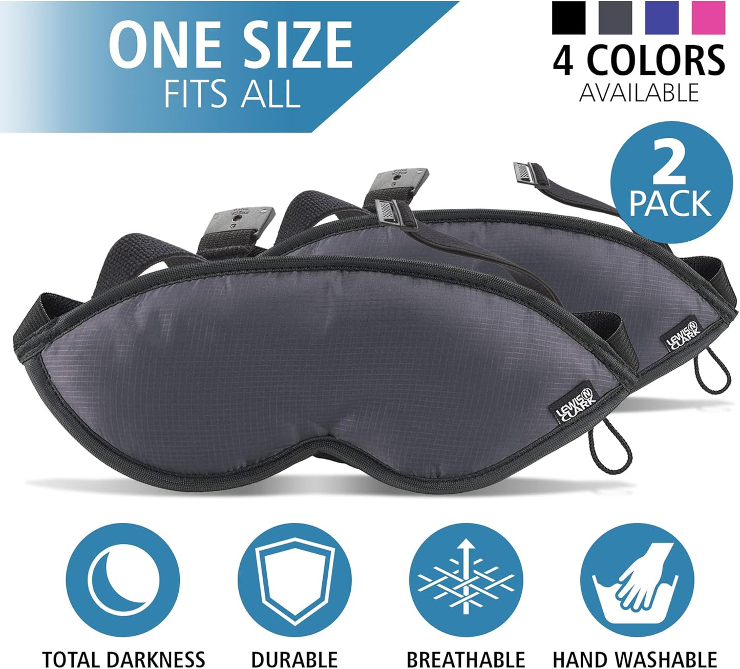 Lewis N. Clark Comfort Eye Mask + Sleep Aid to Block Light for Travel, Airplane, Hotel, Airport, Insomnia + Headache Relief with Adjustable Straps, 2 pack, Black