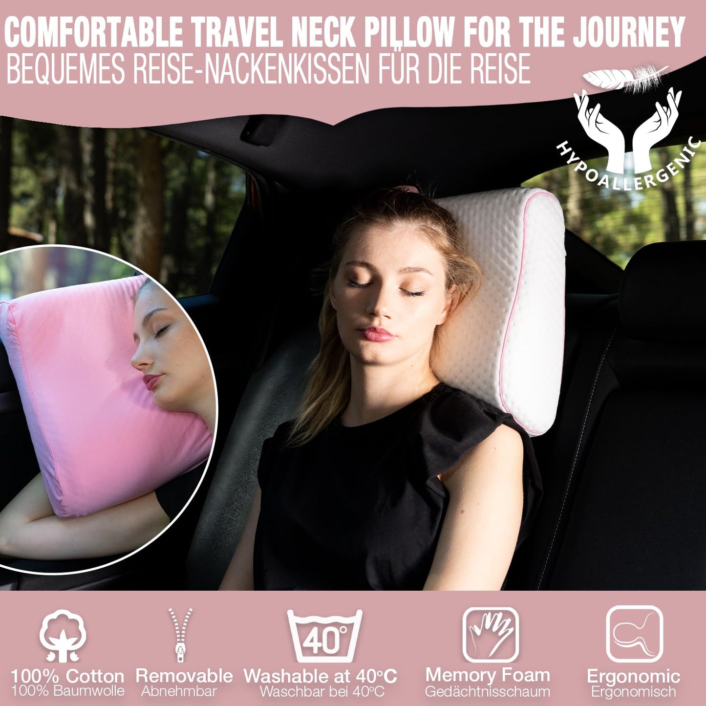 Alkamto Travel Pillow-Camping Pillow-Orthopedic Neck Support Memory Foam Pillow with Temperature Regulating Pillowcase-Extra Cotton Cover-Carry Bag-Small pillow for travel by car,plane,train and hotel