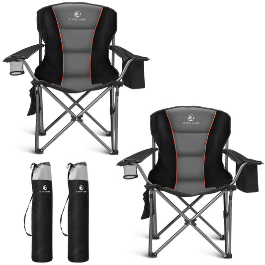 ALPHA CAMP Folding Camping Chair for Adults, Oversized Heavy Duty Lawn Chairs with Cooler Bag, Cup Holder & 600D Oxford Fabric, Folding Chairs for Outside Support 450 LBS,Outdoor Chair 2 Pack