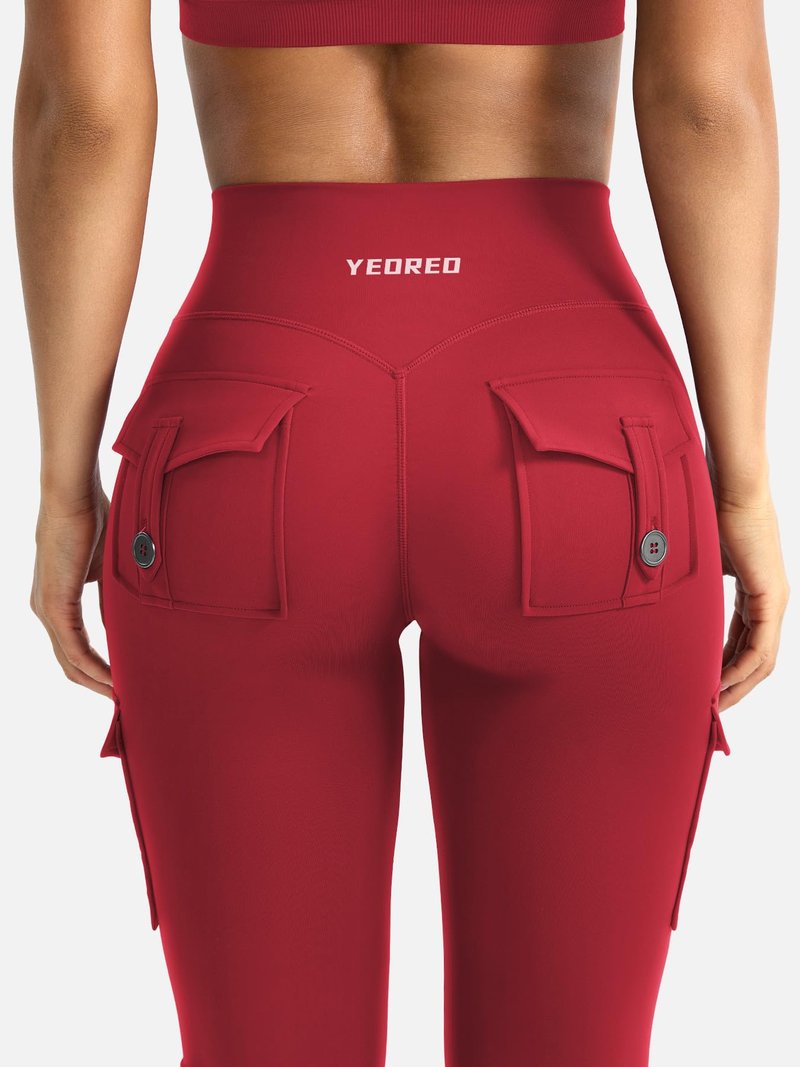 YEOREO CoreFlex Women Workout Flare Leggings with Pockets Hidden Scrunch High Waisted Cargo Gym Yoga No Front Seam Leggings 30" Inseam Red L