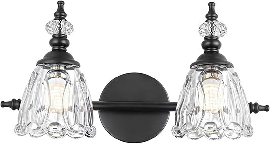 Matte Black Vanity Light, Farmhouse Bathroom Light Fixtures, 2 Light Bathroom Vanity Lights, Flower Glass Shade Wall Sconce Lighting
