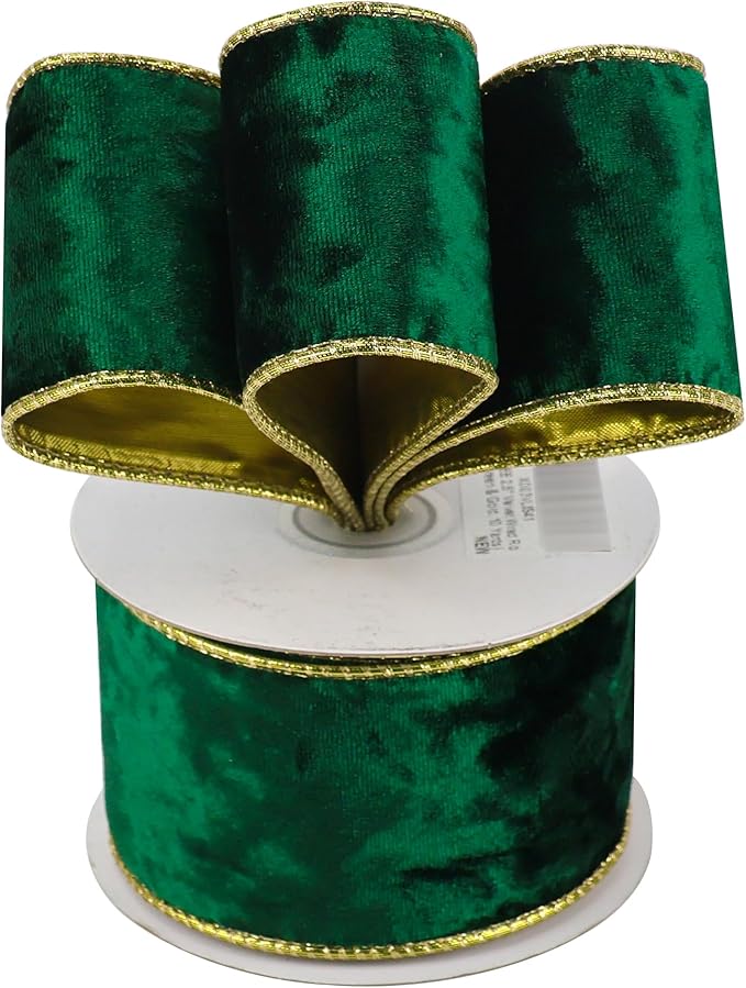 MEEDEE Crushed Green Velvet Ribbon with Gold Back 2.5 inch Double Sided Christmas Wired Ribbon 10 Yards for Christmas Tree Decoration, Baskets, Wreaths, Holiday Projects, Wedding Decor and Accents
