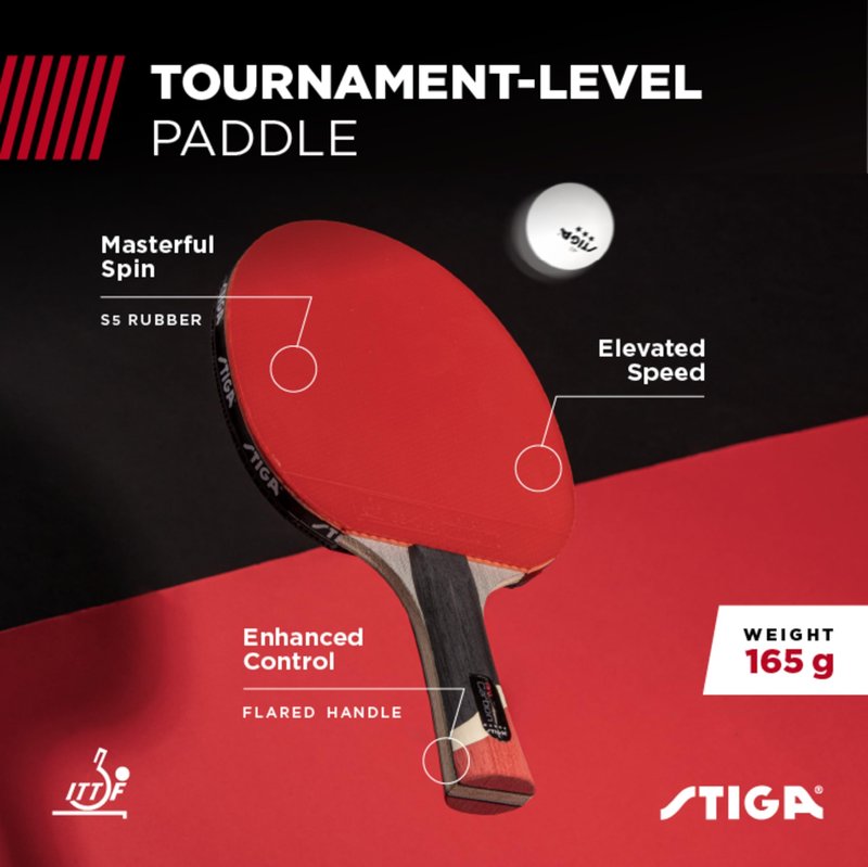 STIGA Pro Carbon Performance-Level Ping Pong Paddle with Carbon Fiber Blade and Extreme Spin for Tournament Play - Red and Blue Colors