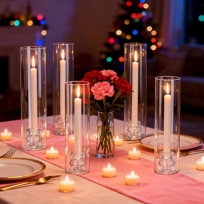 3 Set Hurricane Glass Candlestick Holders 12.6" Two Side Open Glass Candle Holders and 2.2" Taper Candlesticks Holder Bulk for Table Centerpiece Wedding Christmas Home Decor