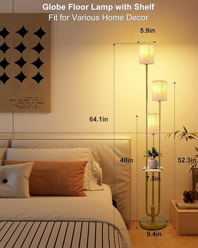 Lightdot 64Inch Floor Lamp with Table Dimmable Gold Floor Lamp for Living Room 3 Lights Candle Holder Style Mid Century Modern Tall Standing Lamp with Fabric Shade for Bedroom Corner(Bulbs Included)