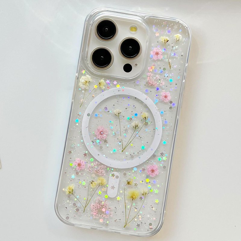 ASONCE Cute Real Flowers for iPhone 16 Pro Max Case [Compatible with MagSafe] Glitter Magnetic Cover with Pressed Dried Floral Women Girly Phone Case for iPhone 16 Pro Max 6.9" - Clear Sparkly